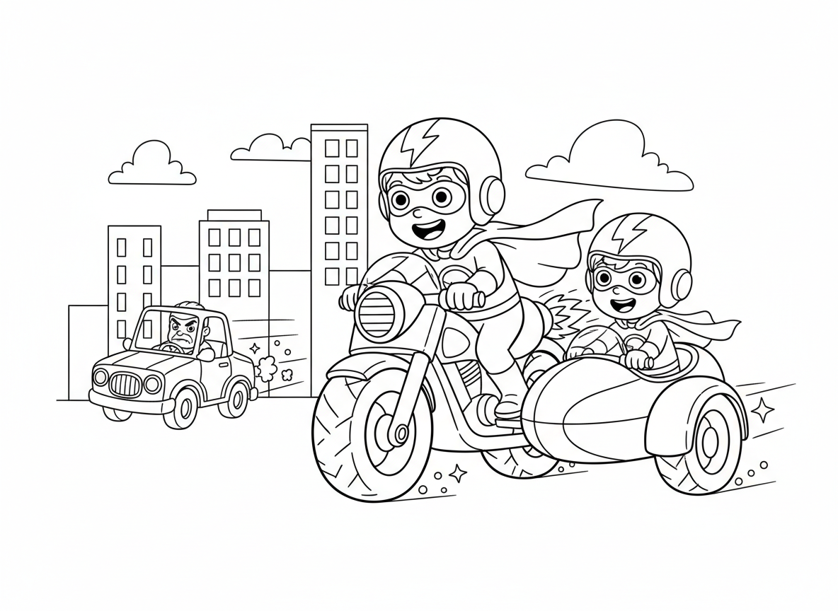 צמד גיבורי על רוכבים על אופנוע - שני ילדים גיבורי על רוכבים על אופנוע גיבורי על מגניב, סיידקאר לשותף, מאיצי רקטה, גלימה מתנופפת מאחור, קסדה עם עיצוב מסכה, רודפים מכונית רשע, ניצוצות מגלגלים, סצנת מרדף עירוני