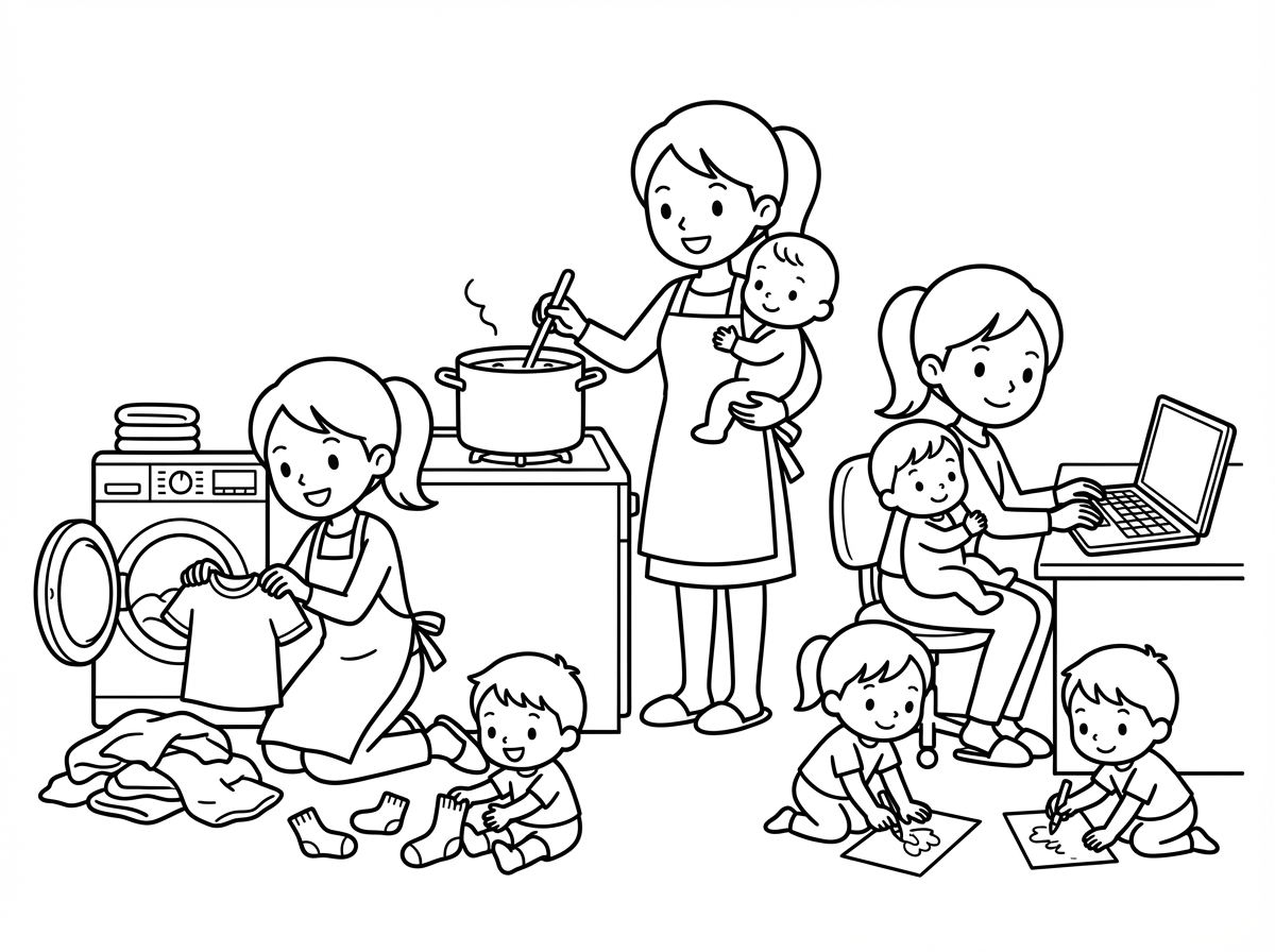 שלום. אשמח לדף צביעה של אמא מבשלת, מכבסת, עובדת דרך המחשב. ויש סביבה הרבה ילדים קטנים.