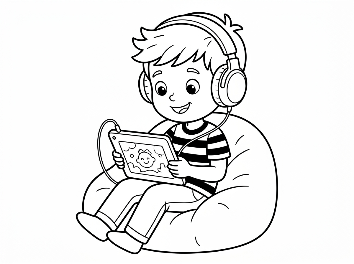 תצייר לי דף ציור את הבן שלי רואה האייפד עם אוזניות
