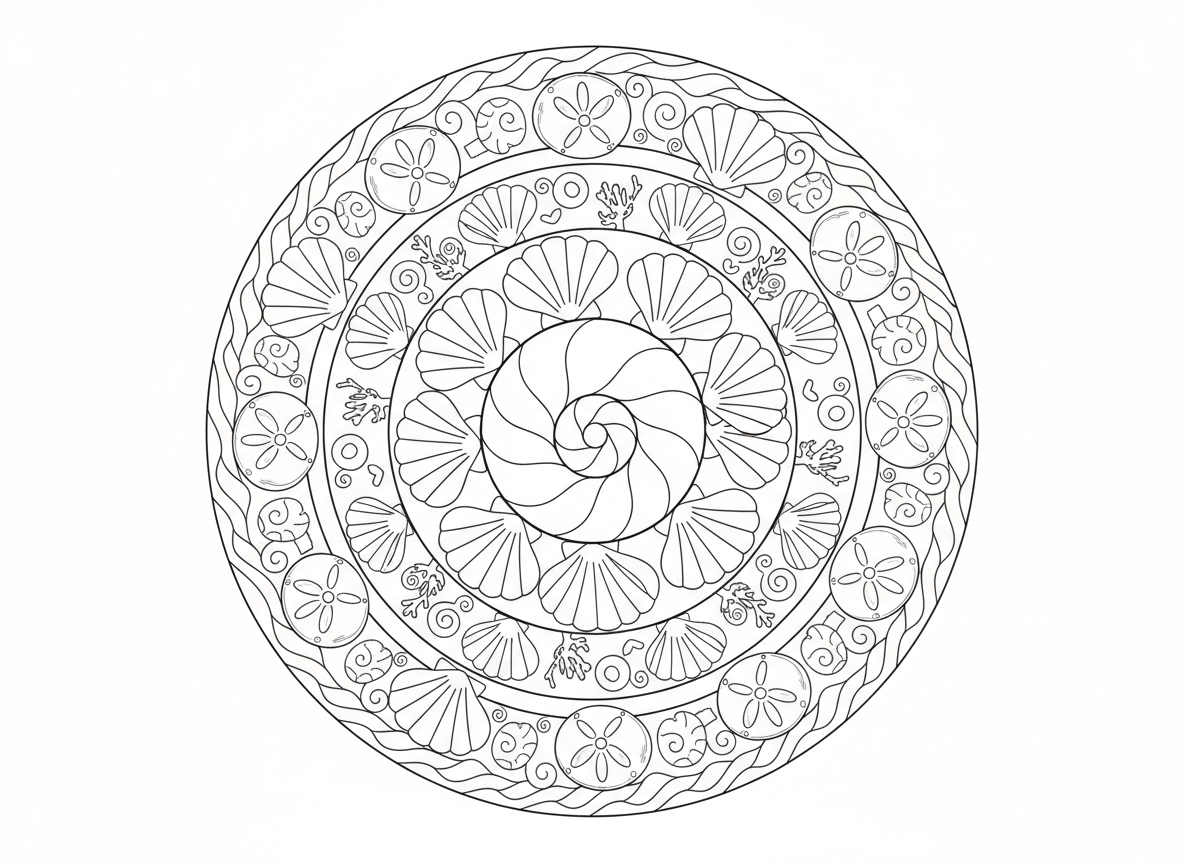 מנדלת ספירלת צדפות - מנדלה בהשראת ספירלות צדפות, ספירלת נאוטילוס במרכז, טבעות צדפות שונות, קונכייה, סקלופ, צדפת פרה, דולר חול, עיטורי אלמוגים, גבול דוגמת גלים, נושא ימי