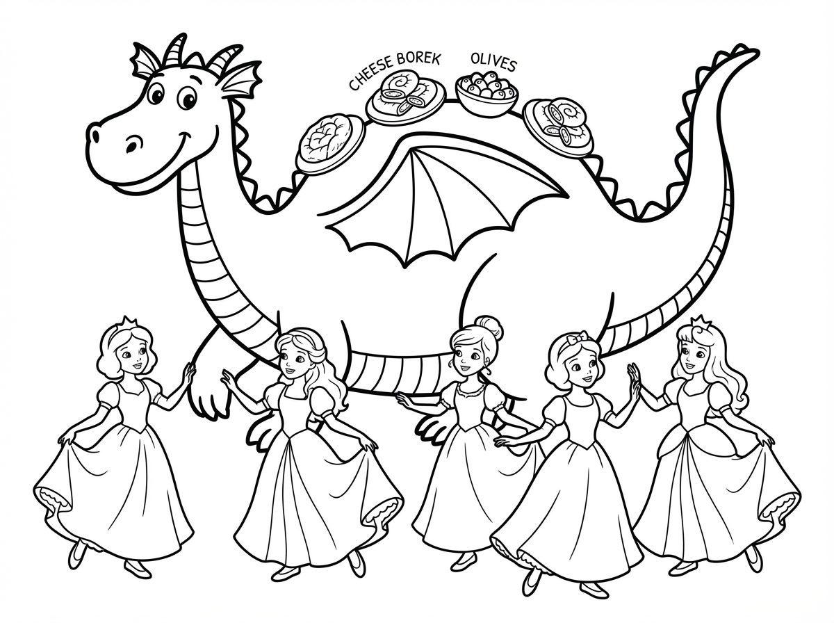 תעשה לי דף צביעה של נסיכות רוקדות מתחת לדרקון ענק שיש עליו בורקס גבינה עם זיתים