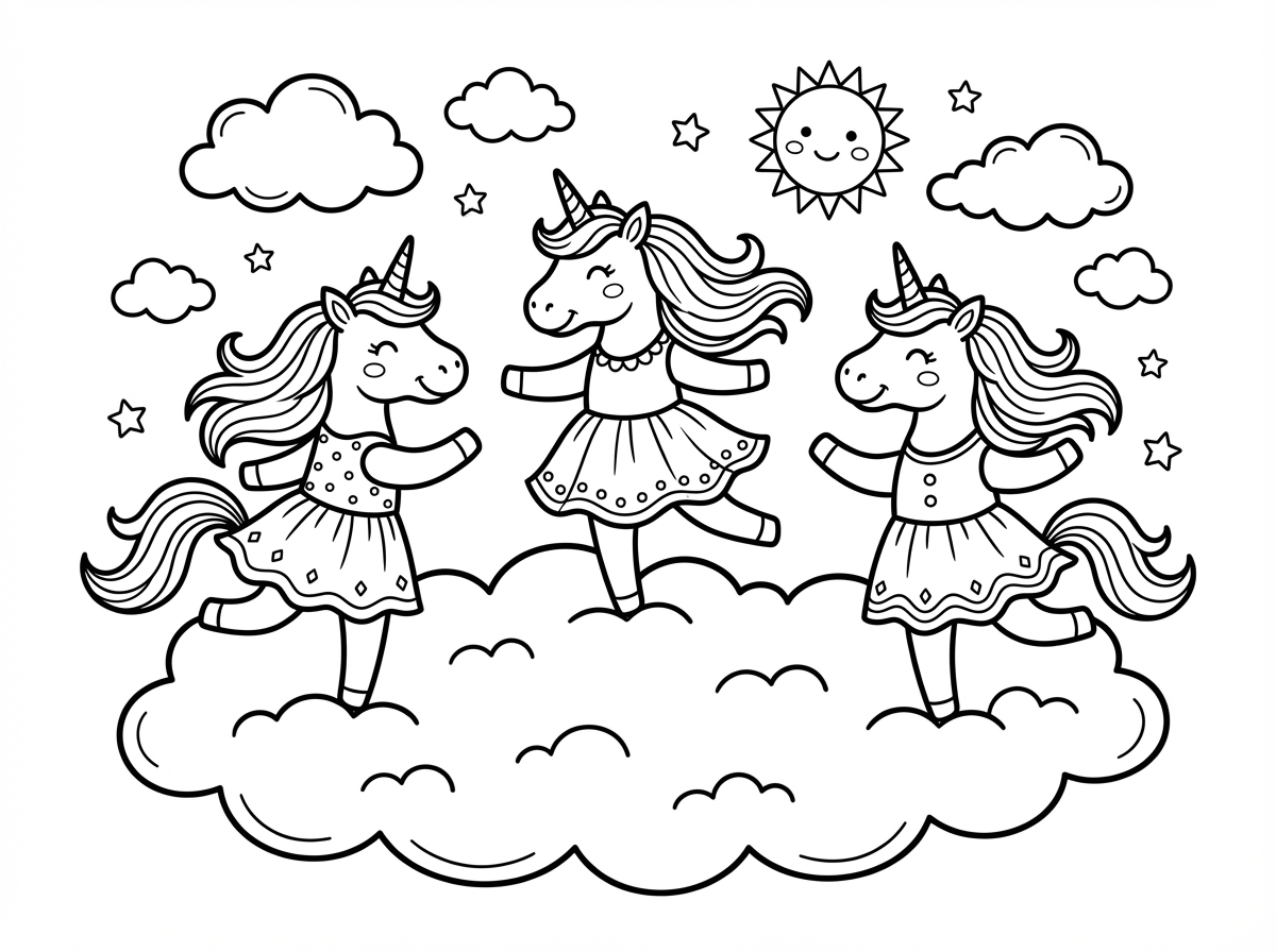 תמונה של חד קרן רוקד על ענן עם עוד חדי קרן שלכל חדי הקרן יש שמלות