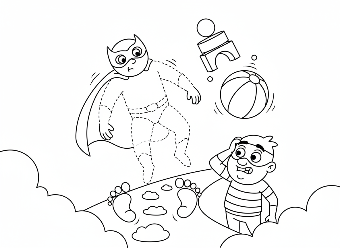 ילד גיבור על בלתי נראה - ילד גיבור על בלתי נראה מוצג על ידי קווי מתאר תחפושת מרחפים, גלימה ומסכה נראים אבל הגוף שקוף, טביעות רגליים מופיעות, רשע מבולבל מסתכל סביב, חפצים מרחפים שמוזזים על ידי גיבור בלתי נראה