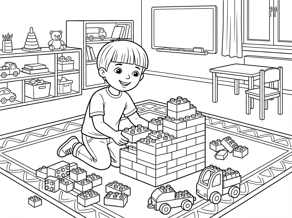 ילד בן 4.5 שיער קצר חלק בונה בלגו על שטיח. ברקע גן ילדים (אבל שלא רואים ילדים )