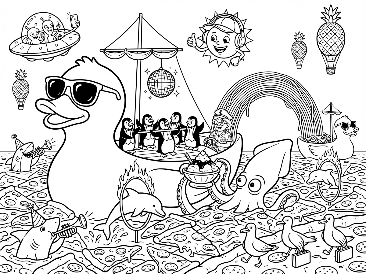 דף צביעה לילדים, מטורלל וכאוטי, קווים שחורים עבים בלבד, 
רקע לבן, ללא צבע, ללא הצללה, סגנון ספר צביעה:

יאכטה ענקית בצורת ברווז גומי עם משקפי שמש 
שטה בים העשוי כולו מפרוסות פיצה.
על הסיפון – להקת פינגווינים בחליפות ערב 
שמשחקים לימבו מתחת לתורן,
ומהתורן תלויה כדור דיסקו מנצנץ.

קראקן עם עיניים מצויצות מנסה לגנוב גביע גלידה ענק 
מהקפטנית – סבתא מבולבלת בחולצה הוואיית.

דולפינים קופצים דרך חישוקים בוערים,
השמש עם אוזניות וכובע הפוך מחווה אגודל למעלה,
כדורי פורח בצורת אננסים באוויר,
חייזרים קטנים בצלחת מעופפת מצלמים סלפי עם היאכטה,
כריש עם כובע יומהולדת ותוקע חצוצרה,
שחפים עם תיקי עסקים הולכים ברצינות תהומית,
קשת בענן עשויה מספגטי מחברת בין שתי יאכטות.

סגנון: דף צביעה לילדים, קווים נקיים ועבים, 
כאוטי ומשעשע, מפורט מאוד, ללא צבע, ללא אפור