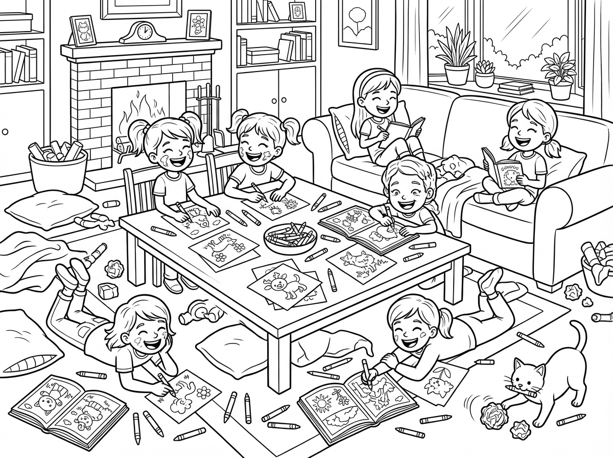 רוצה דף צביעה של בית עם הרבה בנות שכולם צובעות במרץ מהדפים של קידו  באווירה של בלאגן וצבעים ושמח