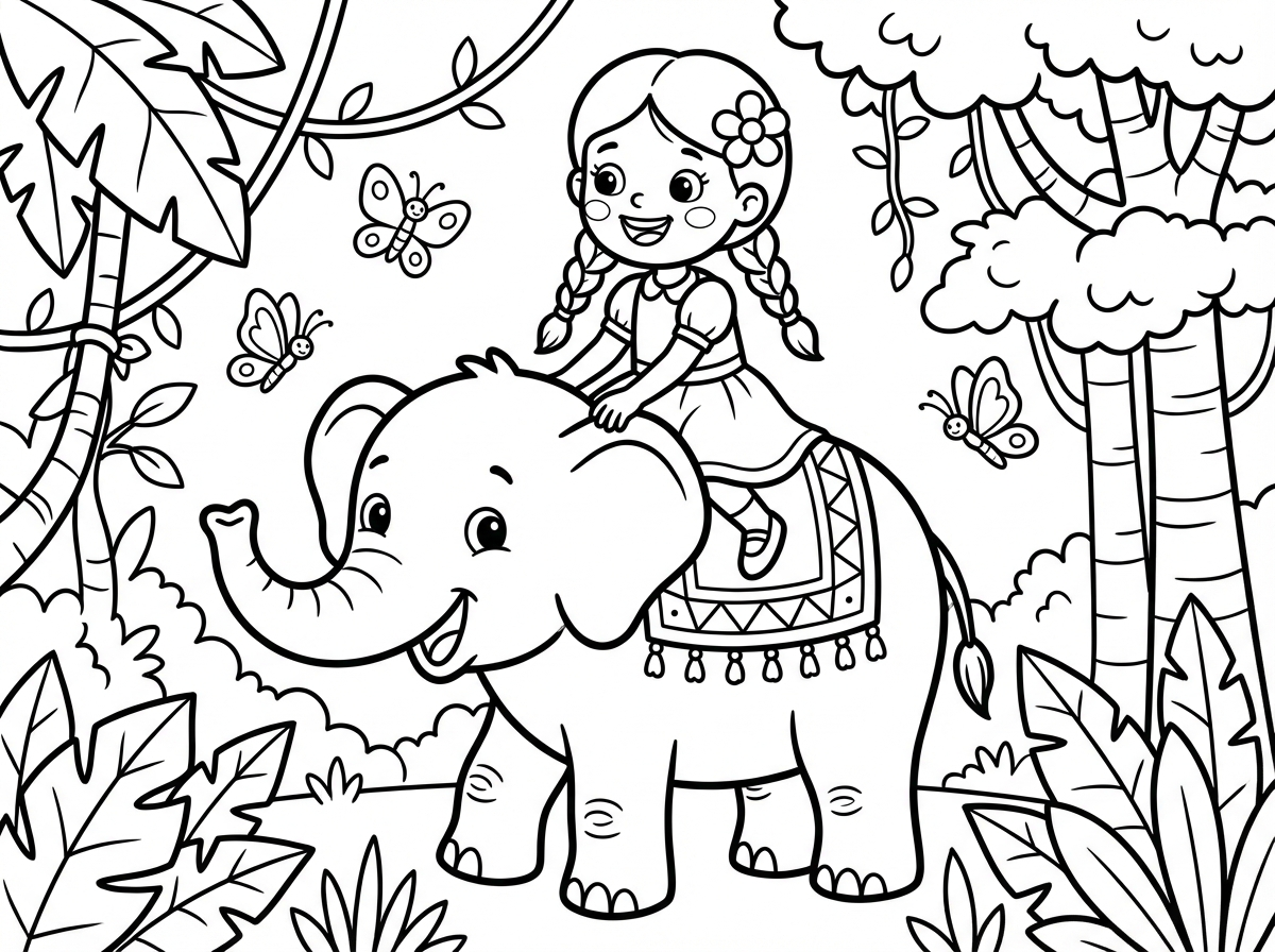 צור לי דף צביעה של ילדה רוכבת על פיל בג'ונגל
