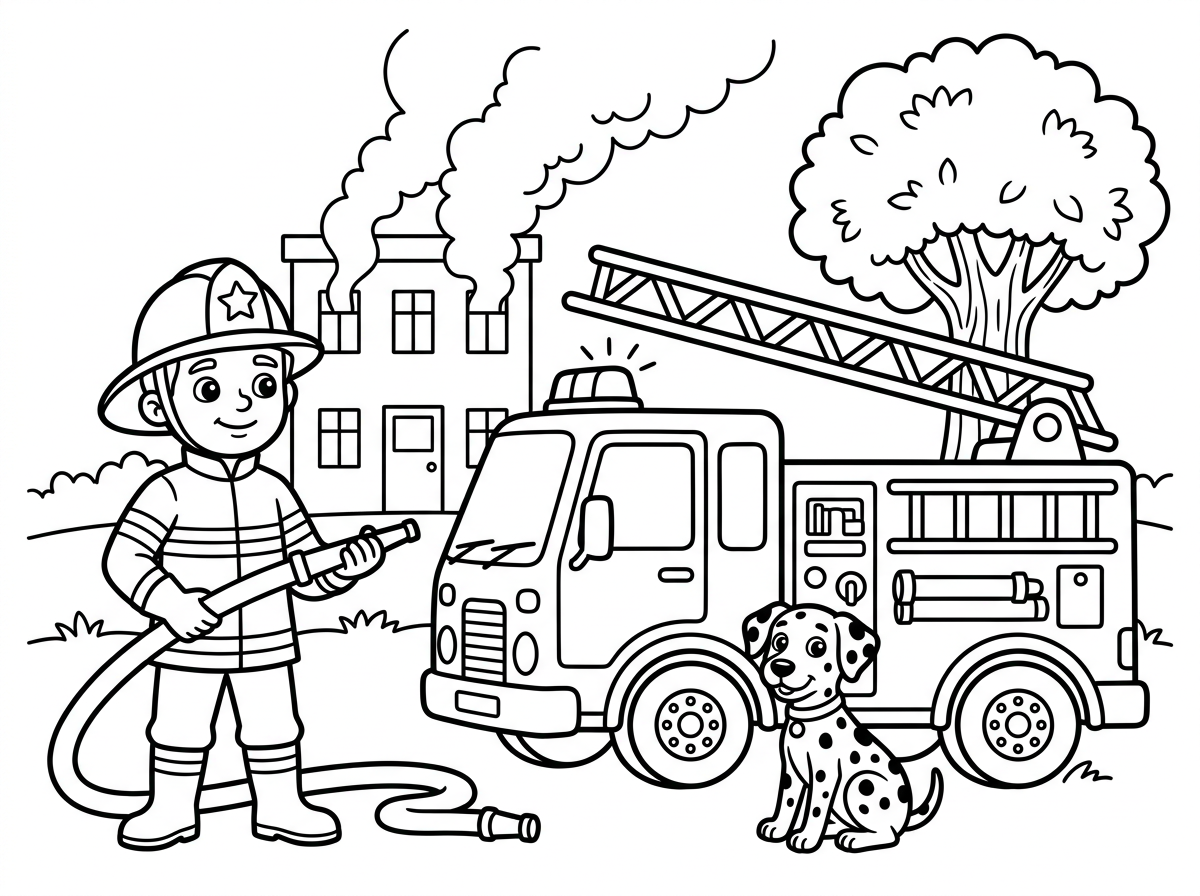 דף צביעה לילדים, קווים שחורים עבים, רקע לבן, ללא צבע:
כבאי אמיץ עם קסדה ומדים מחזיק זרנוק מים,
לידו משאית כבאים גדולה עם סולם מורחב.
ברקע: בניין עם עשן עולה ועץ גדול.
פרטים כיפיים: כלב דלמטי ליד הגלגל, כוכב על המדים.