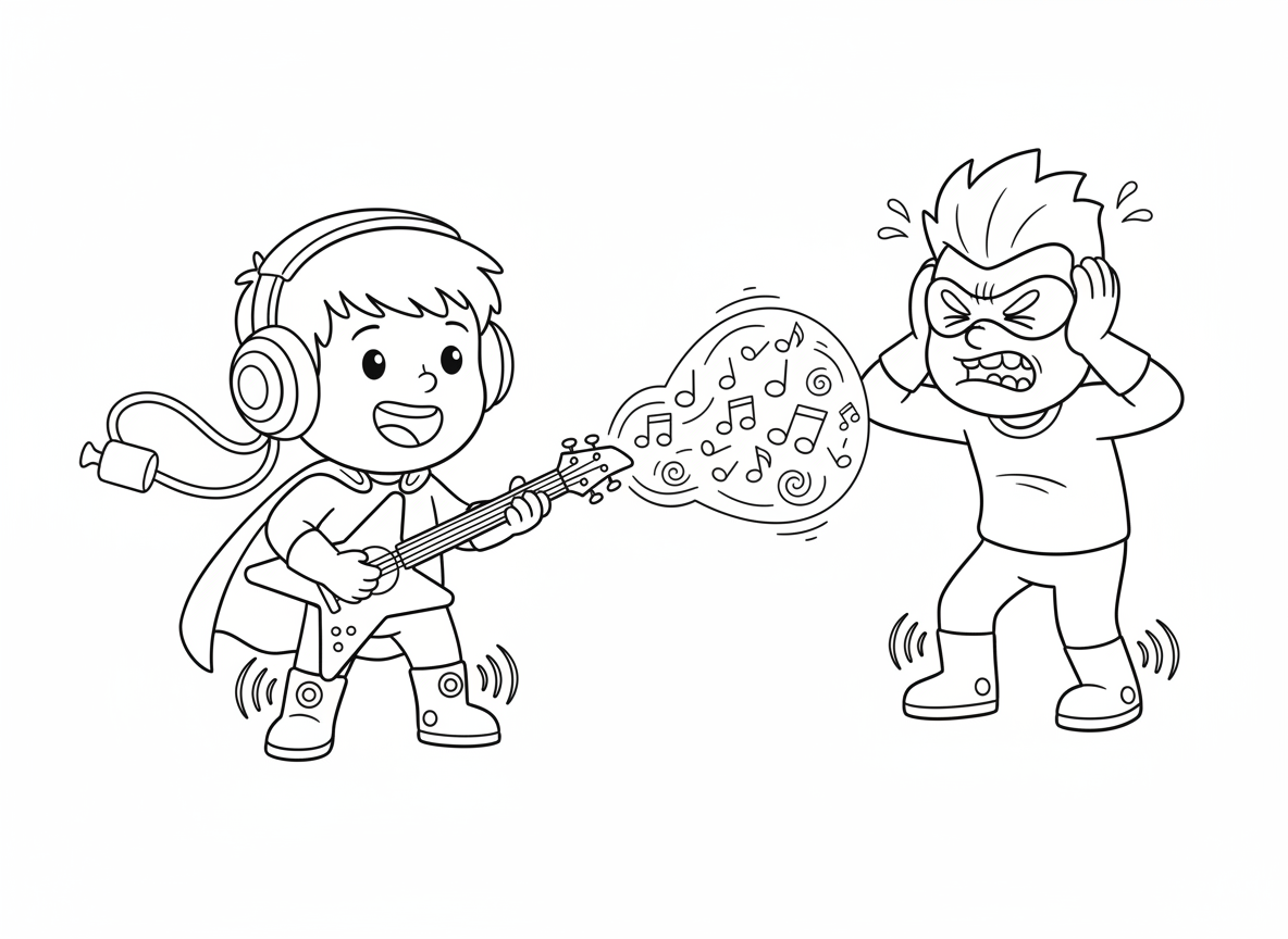 גיבור על עם כוחות מוזיקה - ילד גיבור על שהכוח שלו הוא מוזיקה, גיטרה שיורה גלי קול, תווים מוזיקליים כפגזים, שר ליצור שדות כוח, אוזניות כמגבר כוח, רמקולים על מגפיים, רשע מכסה אוזניים