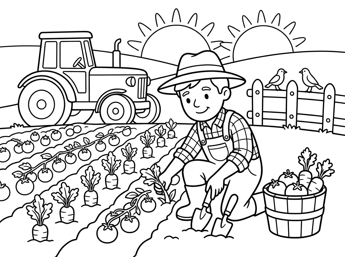 דף צביעה לילדים, קווים שחורים עבים, רקע לבן, ללא צבע:
חקלאי עם כובע רחב שוליים וסרבל
עובד בשדה ירקות מסודר עם שורות של גזרים ועגבניות.
ברקע: טרקטור, ציפורים על גדר עץ, שמש זורחת.
דלי מלא ירקות לידו.