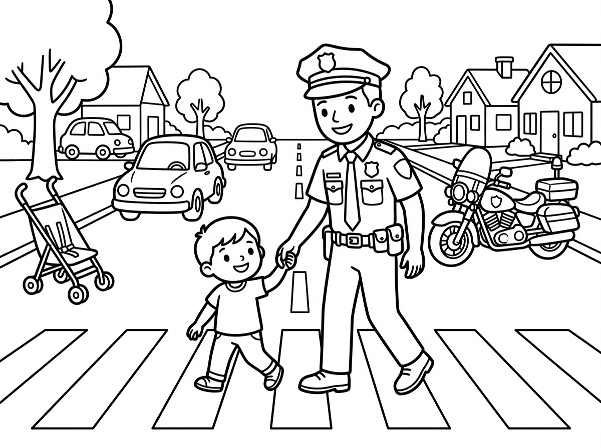 דף צביעה לילדים, קווים שחורים עבים, רקע לבן, ללא צבע:
שוטרת חייכנית עם מדים ותג מבריק
עוזרת לילד קטן לחצות כביש בחצייה מסומנת.
ברקע: מכוניות, עצים ובתים בשכונה.
פרטים: אופנוע משטרה חנוי בצד, עגלת ילד.