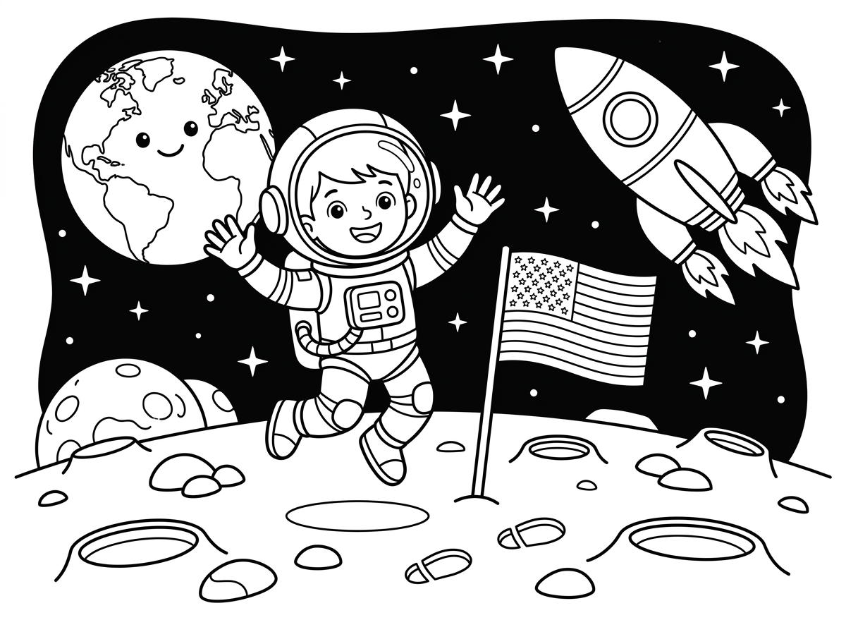 דף צביעה לילדים, קווים שחורים עבים, רקע לבן, ללא צבע:
אסטרונאוט בחליפת חלל מלאה קופץ על הירח בשמחה,
ליד דגל מונף וסלעי ירח מעוגלים.
ברקע: כדור הארץ, כוכבים, רקטה גדולה.
הקסדה שקופה עם פנים חייכניות בפנים.