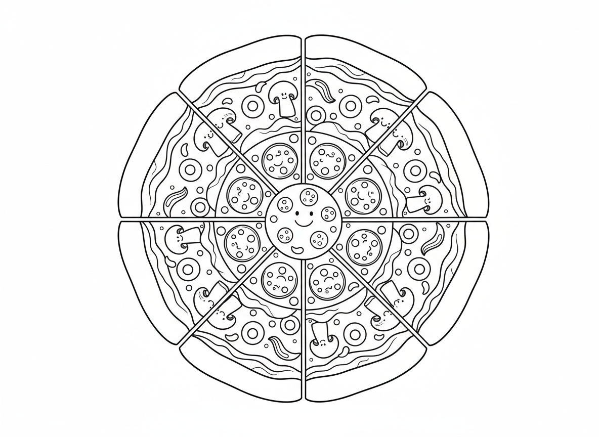 מנדלת פיצה - מנדלה כיפית בצורת פיצה, פפרוני במרכז, טבעות תוספות שונות - פטריות, זיתים, פלפלים, בצל, גבינה נמסה בין טבעות, שוליים כגבול חיצוני, קווי חלוקת משולשי פיצה