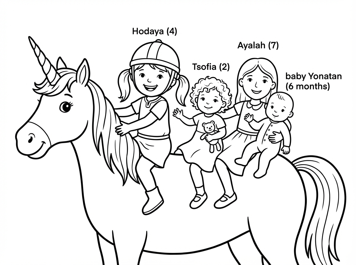 אבל אני עוד היה בת ארבע ומאחורי אילה היא גדולה יותר שהיא בת שבע צופיה היא יותר קטנה ממני והיא בת שנתיים ויונתן הוא תיק תינוק בן חצי שנה. זה לא נראה ככה.