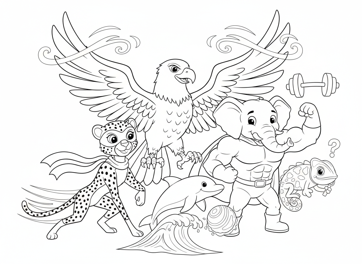 ליגת צדק של חיות גיבורי על - צוות חיות גיבורי על, נשר עם כוח רוח, פיל עם סופר כוח, ברדלס עם סופר מהירות, זיקית עם אי נראות, דולפין עם שליטה במים, כולם בפוזה הרואית ביחד