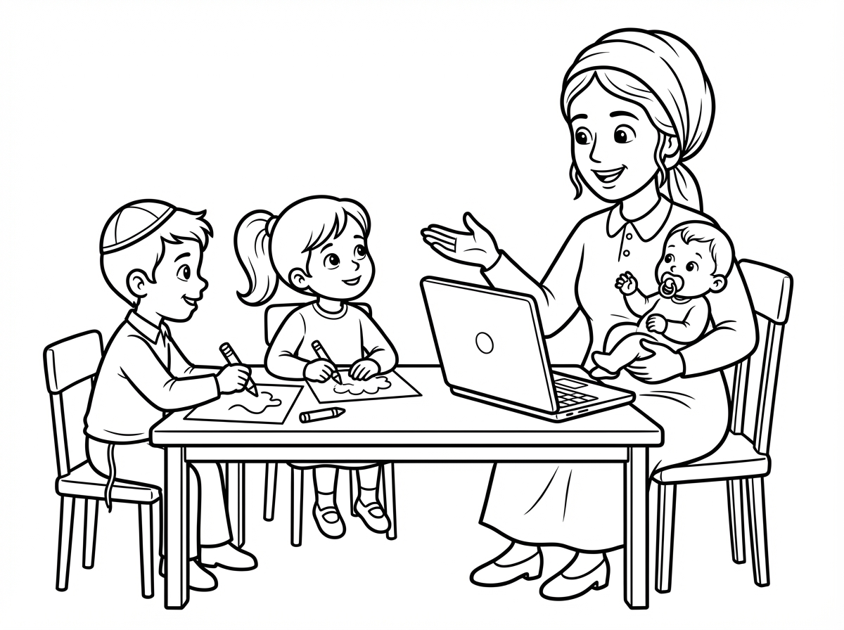 אני רוצה שתכין לי דף של אמא עובדת במחשב, ובמקביל מעסיקה 2 ילדים ילד בן 6 וילדה בת 4. זאת משפחה חרדית. שיהיה גם תינוק שהאמא מטפלת בו באותו זמן.