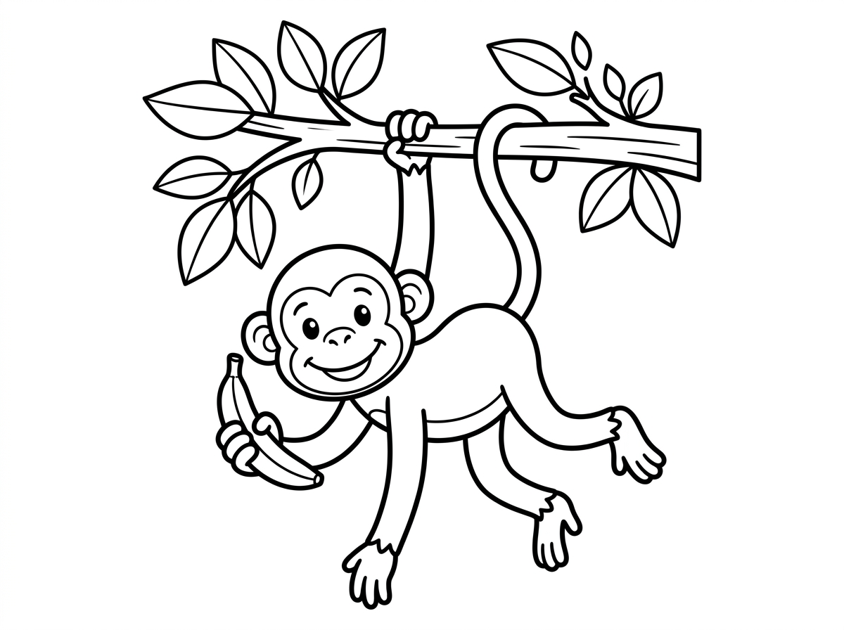 קוף תלוי על ענף עם בננה ביד