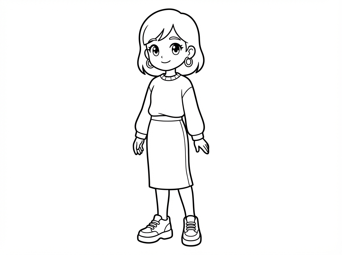 דמות בת אנימה אם חצעית  גיזרה ישרה  סוודר בלי קובע אגילים חישוק  ונעלי ספורט אם סוליה גבוה