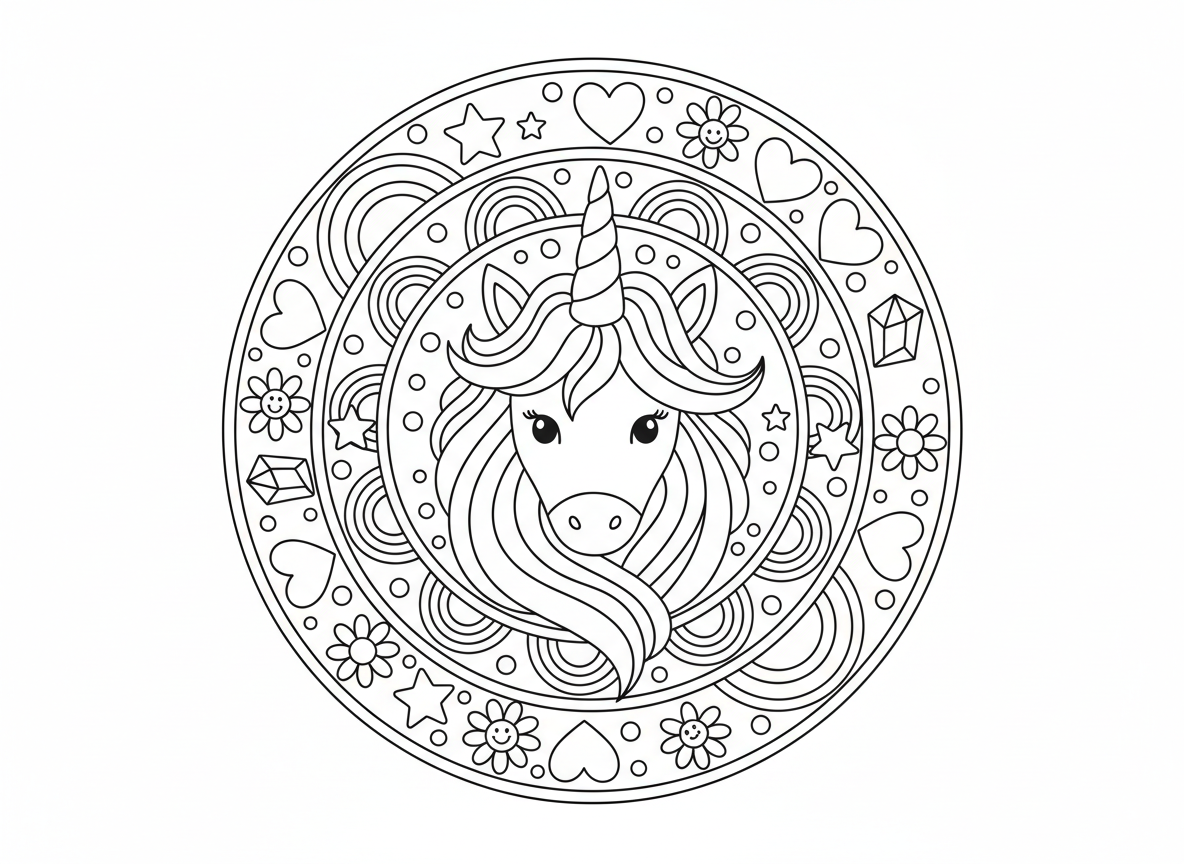 מנדלת חד קרן - מנדלה קסומה עם ראש חד קרן במרכז, מוקף בטבעות קשתות, כוכבים, לבבות, פרחים, וקריסטלים, נקודות נצנוץ בכל מקום, רעמה זורמת לדוגמת המנדלה, קרן כנקודת מרכז