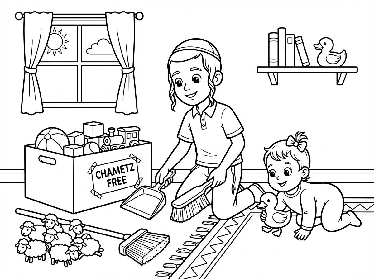 בבקשה תצייר לי ילד מנקה לפסח את כל החדר שלו. הילד חרדי, יש לו פאות וכיפה. מכנסיים ארוכות, חולצה קצרה, ואין בכלל חיות טמאות בחדר, רק ברווזים וכבשים. שיהיה לו הרבה צעצועים ואחותו הקטנה ממנו זוחלת על השטיח.