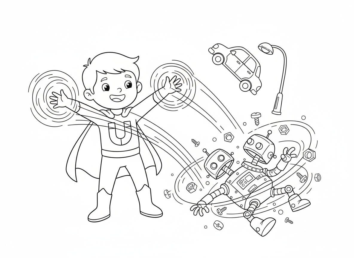 גיבור על עם כוחות מגנט - ילד גיבור על עם כוחות מגנט שמושך כל חפצי מתכת, מכוניות ועמודי תאורה עפים לכיוון הגיבור, סמל מגנט על החזה, רובוט מתכת של הרשע מתפרק, ברגים ובורגים מסתחררים, קווי שדה מגנטי נראים