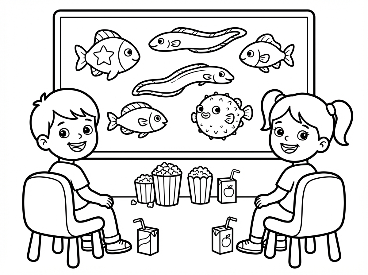 תיצור לי תמונה של 2 ילדים, בן ובת יושבים וצופים בסרט עם דגים מעניינים בכל מיני צורות וגדלים