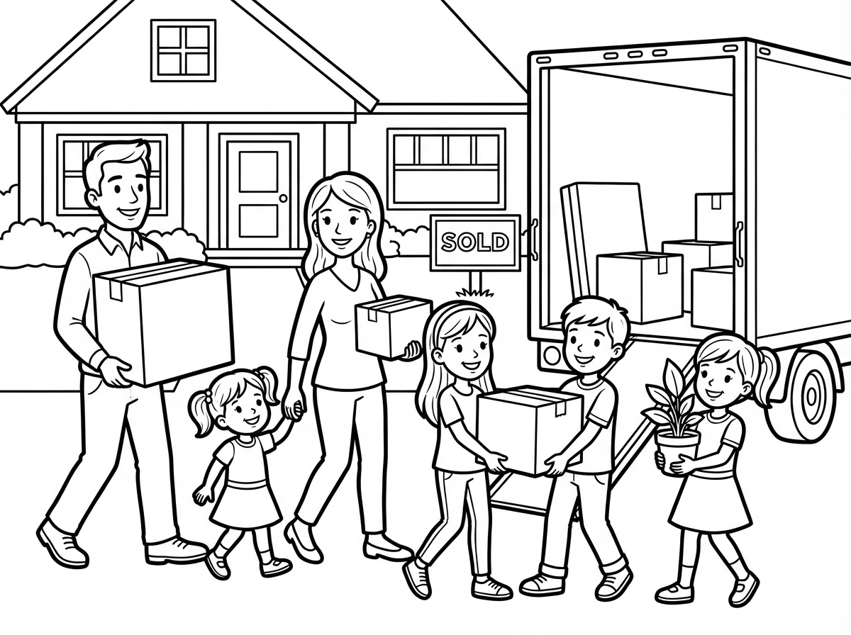 צייר לי ציור של משפחה עוברת דירה. במשפחה יש 4 ילדים, בת10, בן9, בת7 בת5 אבא ואמא