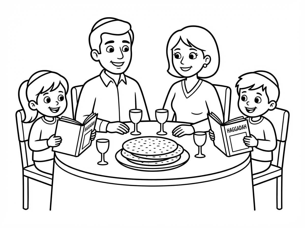 ציור לפסח שבשולחן יושבים משפחה יהודיה והמצוות שעל השולחן הם עגולות ולכל ילד יש גביע והגדה
