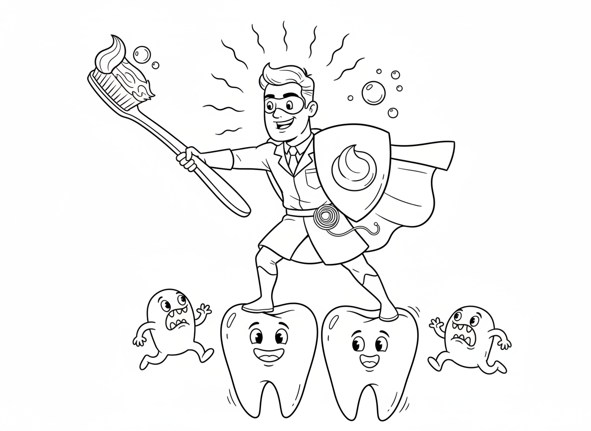גיבור על רופא שיניים נלחם במפלצות עששת - גיבור על רופא שיניים במעיל לבן וגלימה נלחם במפלצות עששת רשעות על שיניים ענקיות, חרב מברשת שיניים, לאסו חוט דנטלי, מגן משחת שיניים, רימוני מי פה, כוח חיוך מבריק, יצורי עששת מפוחדים