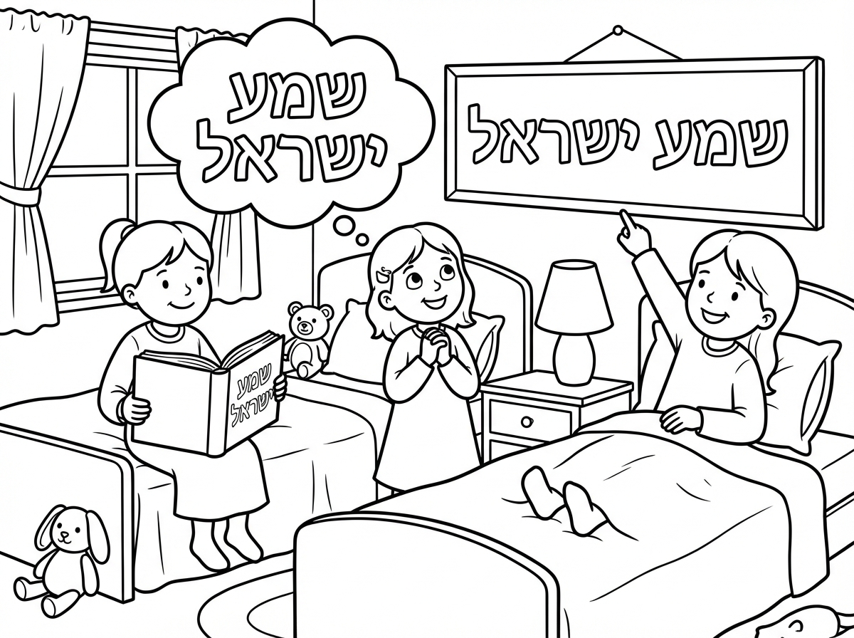 תעשה לי דף צביעה 3 בנות מתוקות הולכות לישון ואומרות שמע ישראל
