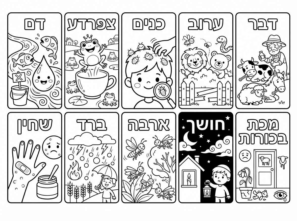 תיצור לי בבקשה דף צביעה עם עשרה ריבועים 
בכל ריבוע את אחת מתוך עשר המכות
שהמכות יהיו גם עם השם וגם עם ציור תואם
שהריבועים יהיו ברורים וחדים וניתן יהיה להכין מהם ספר של עשר המכות