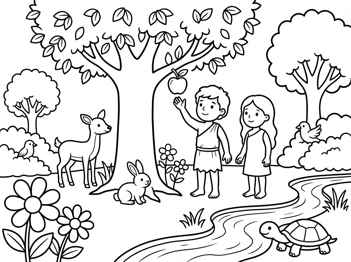 תנך, ספר בראשית, סצנה של אדם וחוה בגן עדן ליד עץ הדעת.
במרכז הסצנה אדם מושיט יד אל הפרי האסור וחוה עומדת לידו בתוך גן עדן מלא עצים, פרחים, נהר זורם וחיות שלוות. האווירה בסצנה שקטה ויפה מאוד, אבל גם מתוחה ועדינה, עם תחושה של רגע גורלי שעומד לשנות את הכול. האור רך, הטבע עשיר, והגן נראה מושלם, שלם ומלא חיים. התחושה היא של תמימות מצד אחד ושל פיתוי וסכנה מצד שני. הדמויות מוצגות בצניעות לפי רוח הסיפור. הקומפוזיציה ברורה ומעבירה את הרגע הדרמטי בלב גן עדן.