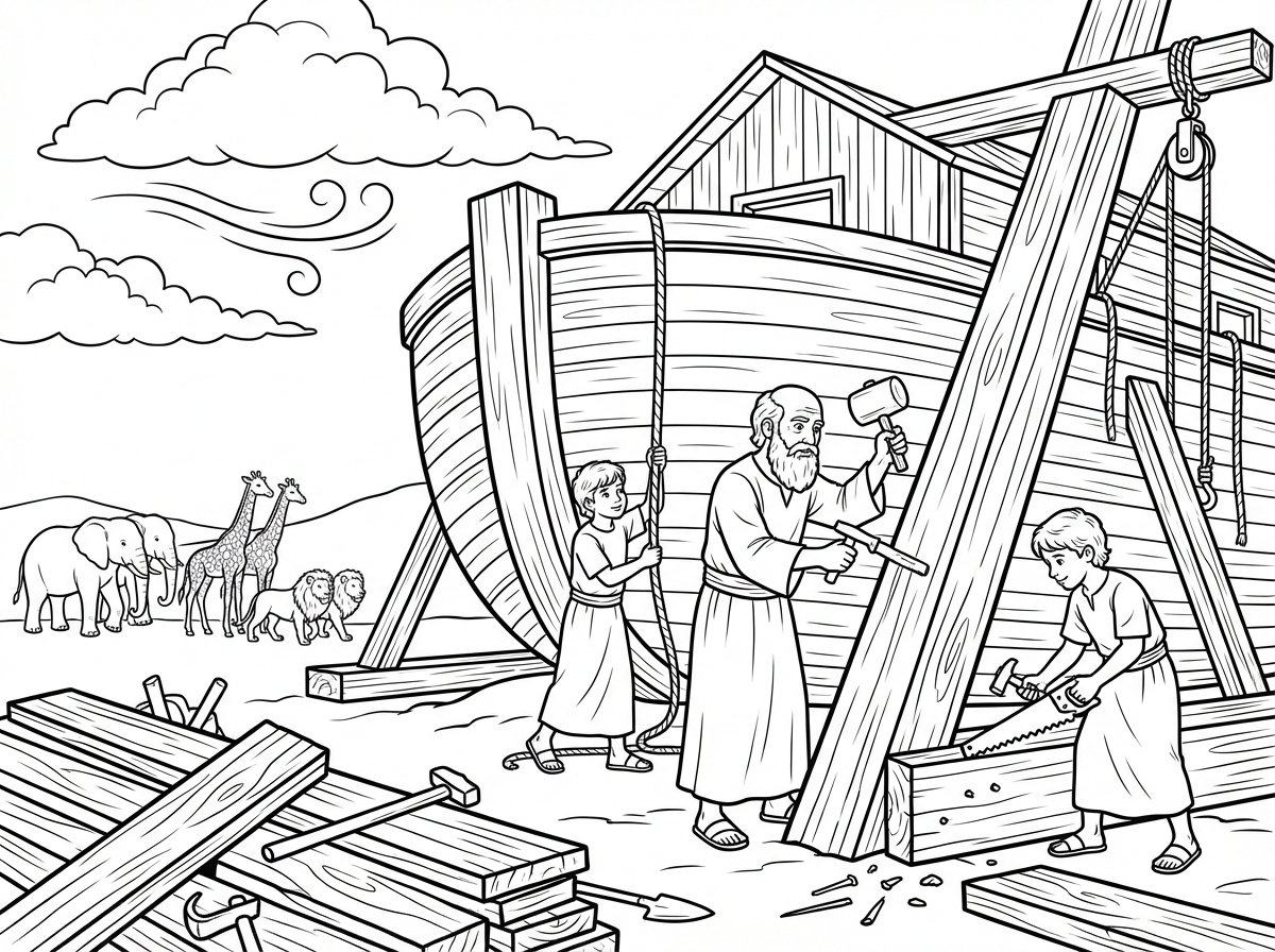 תנך, ספר בראשית, סצנה של נח בונה את התיבה.
נח ובניו עובדים יחד בבניית תיבה גדולה מעץ, עם קורות ענק, כלי עבודה עתיקים וחיות שמתחילות להתקרב מרחוק. האווירה היא של עשייה, אמונה והתמדה, עם תחושת הכנה לקראת אירוע גדול ויוצא דופן. השמים מעט כבדים, הרוח נושבת, והמרחב הפתוח יוצר תחושה של זמן מכריע בהיסטוריה. נח נראה רציני, מרוכז ומלא ביטחון בה׳. הדמויות היהודיות בלבוש מכובד ומסורתי לפי התקופה, והסצנה כולה משדרת מסירות, אחריות וקדושה.