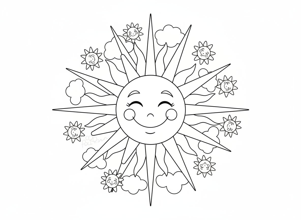 מנדלת שמש עם קרניים - מנדלת שמש חמה עם פרצוף שמש מחייך במרכז, קרניים גלויות וישרות מתחלפות מקרינות החוצה, שמשות קטנות בקצות הקרניים, עיטורי ענן בין קרניים, תחושה חמה ושמחה