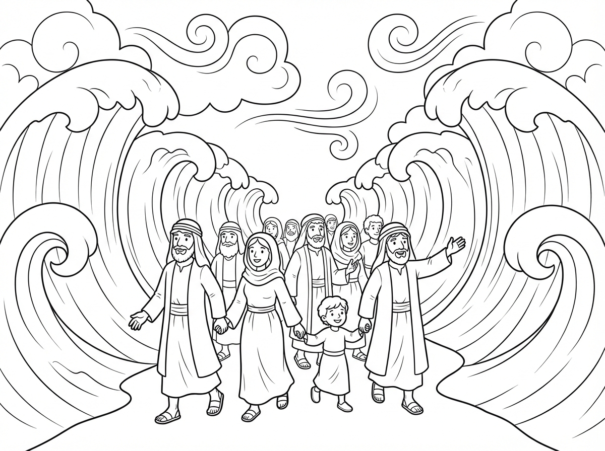 תנך, ספר שמות, סצנה של קריעת ים סוף.
בני ישראל הולכים בתוך הים ביבשה, כשמשני הצדדים קירות מים גבוהים ומרשימים, וילדים, נשים וגברים נראים מתקדמים יחד בביטחון ובהתרגשות. האווירה עוצמתית, ניסית, מלאת הצלה, פליאה ואמונה. השמים דרמטיים, הרוח חזקה, והים נראה עצום ומלא הוד. התחושה היא של רגע היסטורי אדיר שבו העם ניצל בדרך פלא. הדמויות היהודיות בלבוש מסורתי וצנוע לפי התקופה, נשים צדקניות עם כיסוי ראש, גברים עם זקן וכיסוי ראש מתאים. הסצנה מלאה תנועה, רגש ותחושת נס גלוי.