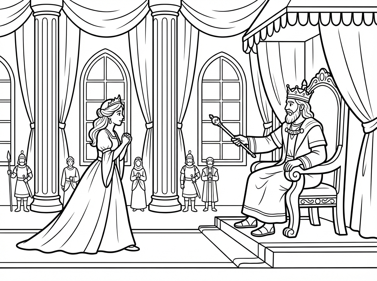 תנך, ספר אסתר, סצנה של אסתר המלכה נכנסת אל המלך אחשוורוש.
אסתר המלכה נכנסת באומץ אל אולם המלכות המפואר, עם עמודים גבוהים, וילונות עשירים וכס מלכות מרשים. האווירה מלכותית מאוד, אבל גם מלאה מתח, תפילה פנימית ואומץ לב. אסתר נראית אצילית, צנועה ומלאת כוח פנימי, ברגע של מסירות למען עמה. המלך יושב על כסאו, והארמון כולו משדר עוצמה ופאר. התחושה הכללית היא של רגע מכריע, שקט מבחוץ אבל מלא דרמה מבפנים. אסתר מוצגת בלבוש מלכותי צנוע ומכובד.