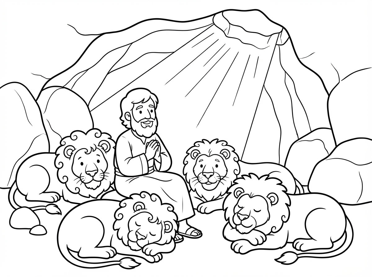 תנך, ספר דניאל, סצנה של דניאל בגוב האריות.
דניאל עומד או יושב בתפילה ובשלווה בתוך גוב האריות, כשהאריות סביבו רגועים ואינם פוגעים בו. האווירה ניסית, שקטה, מלאת אמונה, ביטחון והשגחה. האור החודר אל תוך הגוב יוצר תחושה של הגנה שמימית ושל קדושה בתוך מקום מאיים. דניאל נראה רגוע, מרומם ונאמן לדרכו. הסצנה משלבת מתח חיצוני עם שלווה פנימית עמוקה.