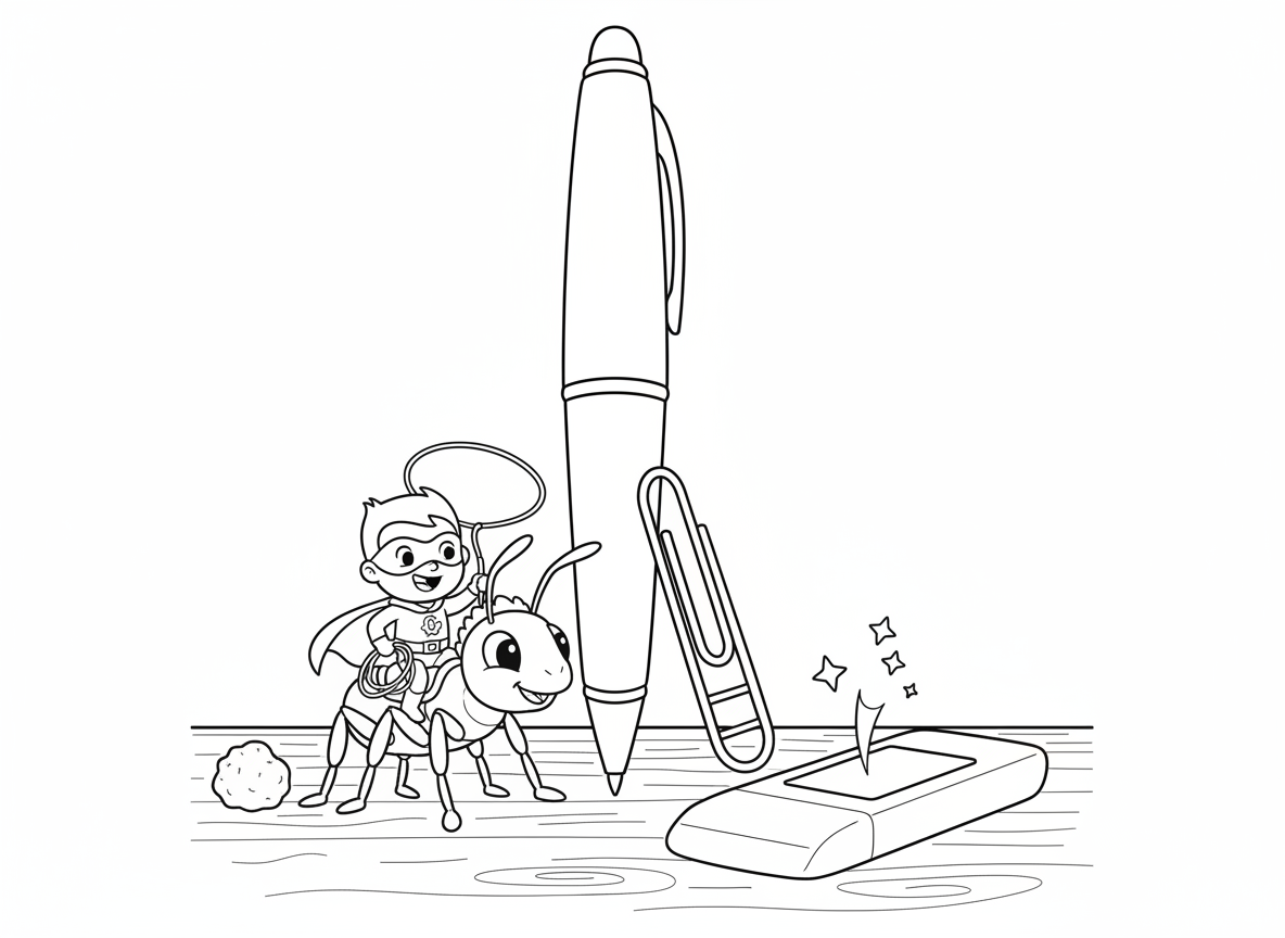 גיבור על עם כוח התכווצות - גיבור על שהתכווץ לגודל זעיר עומד על שולחן רגיל, עט כמו גורד שחקים, אטב כסולם, נמלה כסוס לרכיבה, פירור כסלע, מחק כטרמפולינה, חפצים רגילים נראים ענקיים