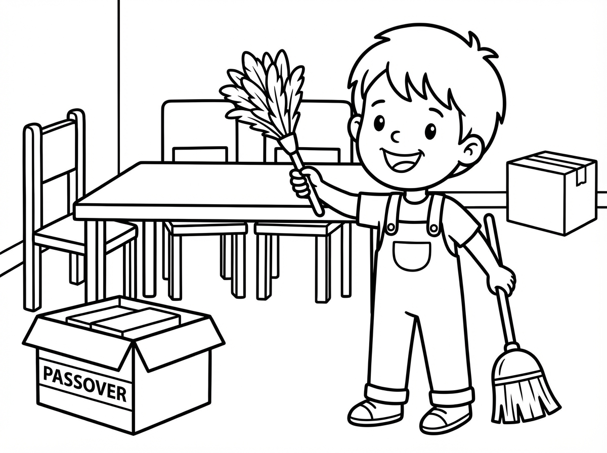 אשמח לציור של ילד מנקה את הבית לפסח