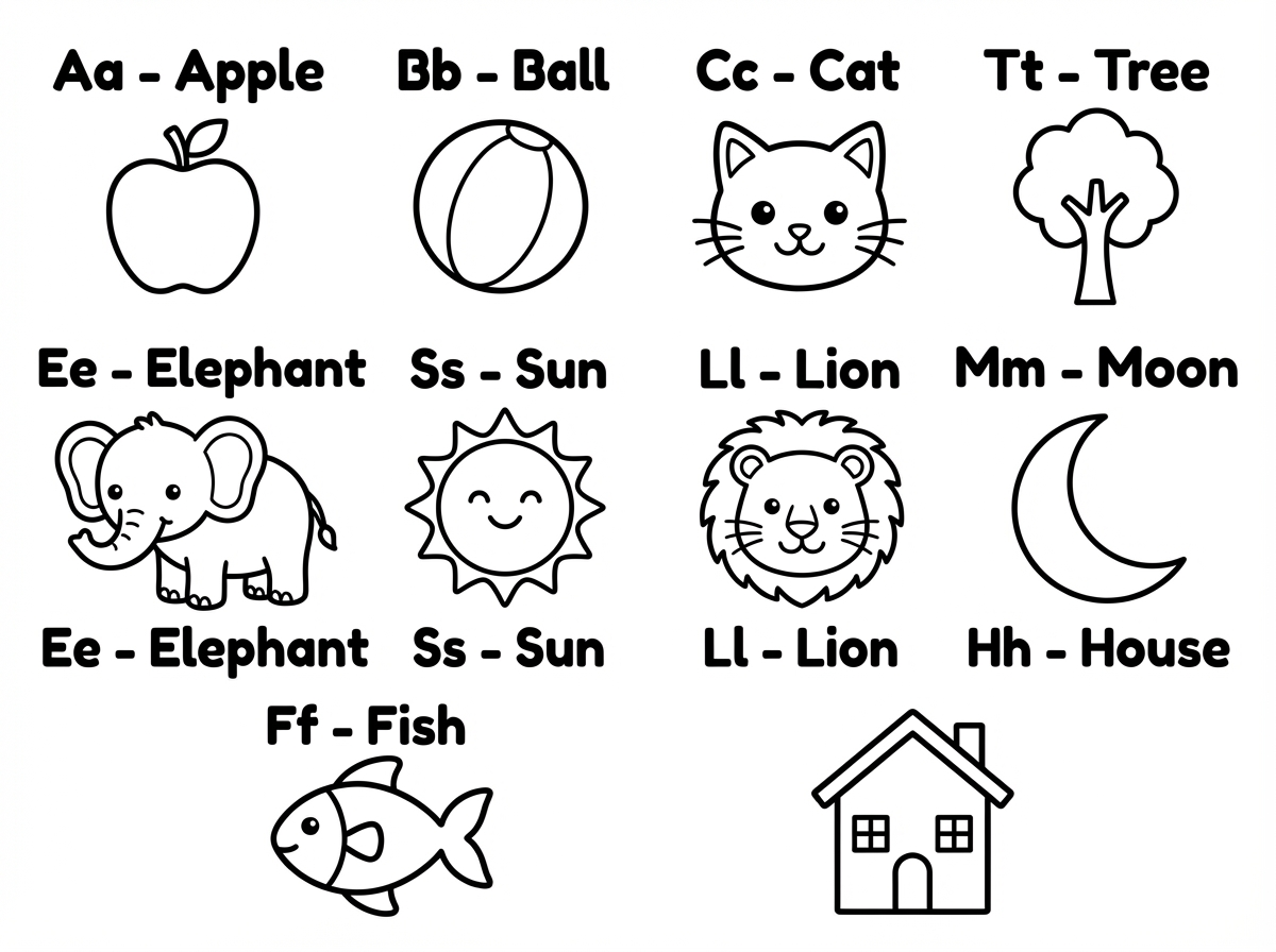 תעשה לי דף צביעה על האותיות באנגלית: Aa Bb Cc Tt Ee Ss Ll Mm Ff Hh 
שיש אות גדולה אות קטנה ומילה שמתחילה באות הזאת.