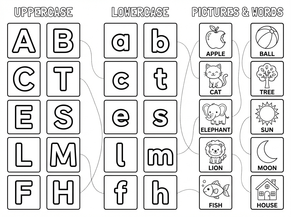 שהילדים יתאימו בין האות הגדולה, לאות הקטנה, לבין המילה שמתחילה באותה אות