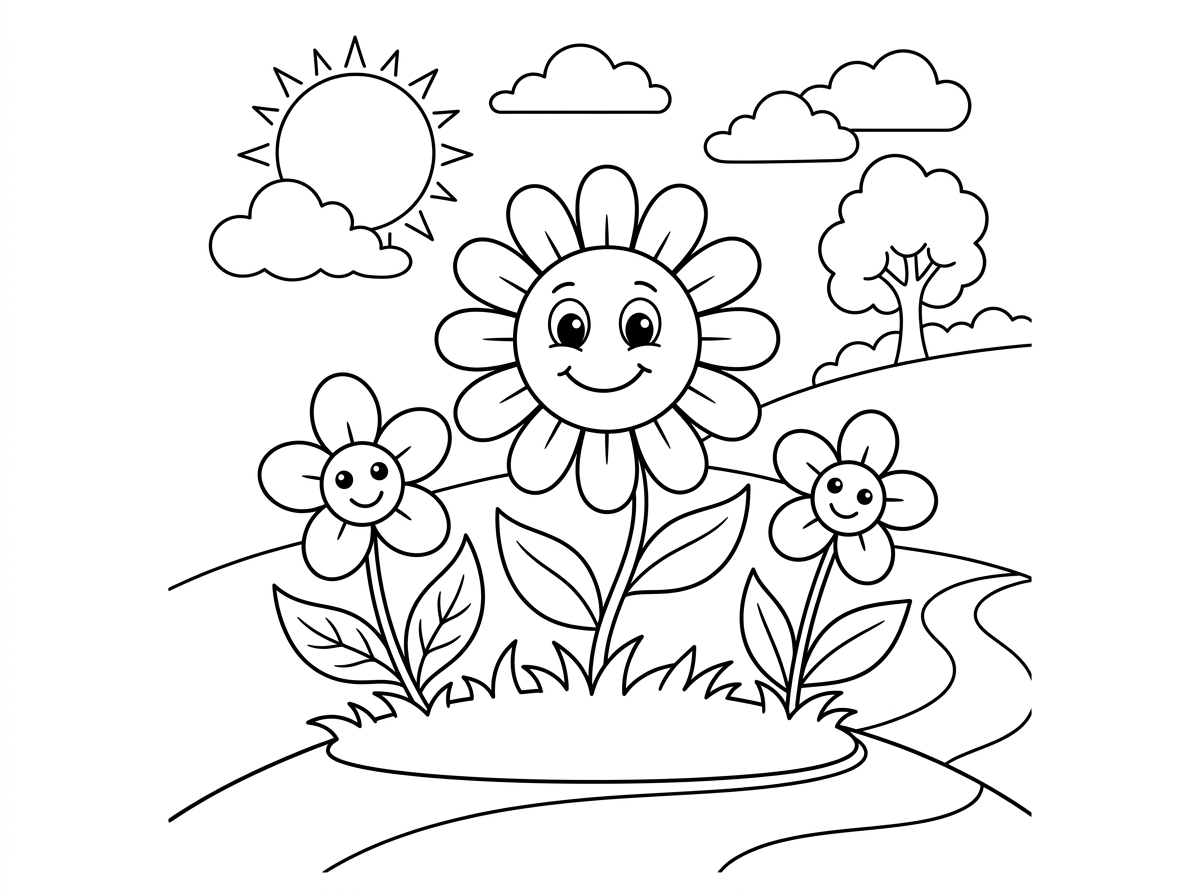 אשמח לדף צביעה עם קוים מודגשים מותאם לקטנים,  של פרחים עם רקע אביבי.
