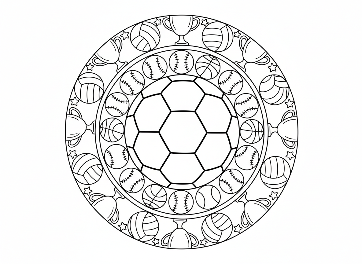 מנדלת כדורגל - מנדלת ספורט עם דוגמת כדורגל במרכז, מוקפת בטבעות כדורי ספורט שונים - כדורסל, טניס, בייסבול, כדורעף, טבעת גביעים, כוכבים וסרטים כקישוטים