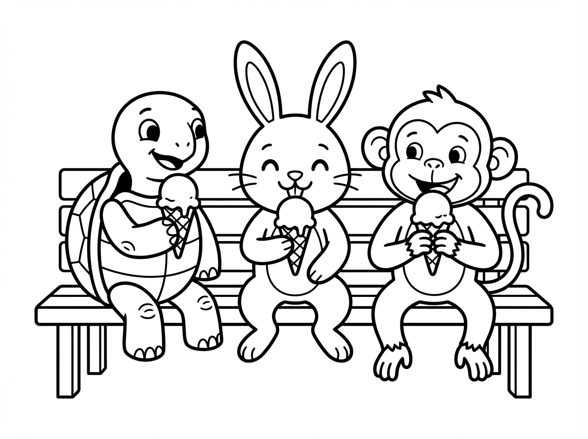 תכין ציור של צב ארנב וקוף יושבים לאכול יחד גלידה על ספסל