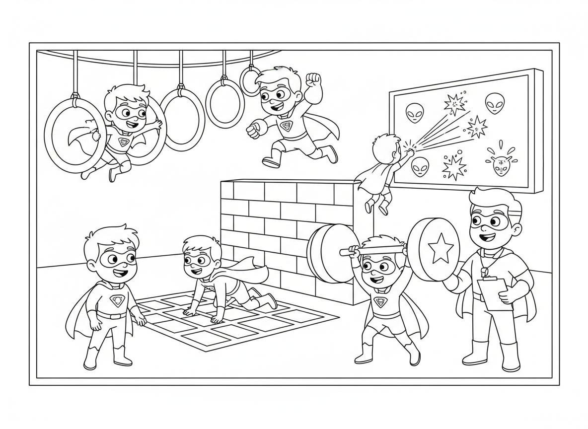 מסלול מכשולים לאימון גיבורי על - ילדים גיבורי על מתאמנים במסלול מכשולים כיפי, עפים דרך טבעות, קופצים מעל חומות, זוחלים מתחת לקרני לייזר, מרימים חפצים כבדים, תרגול מטרות עם פיצוצי כוח, מאמן עם משרוקית ולוח