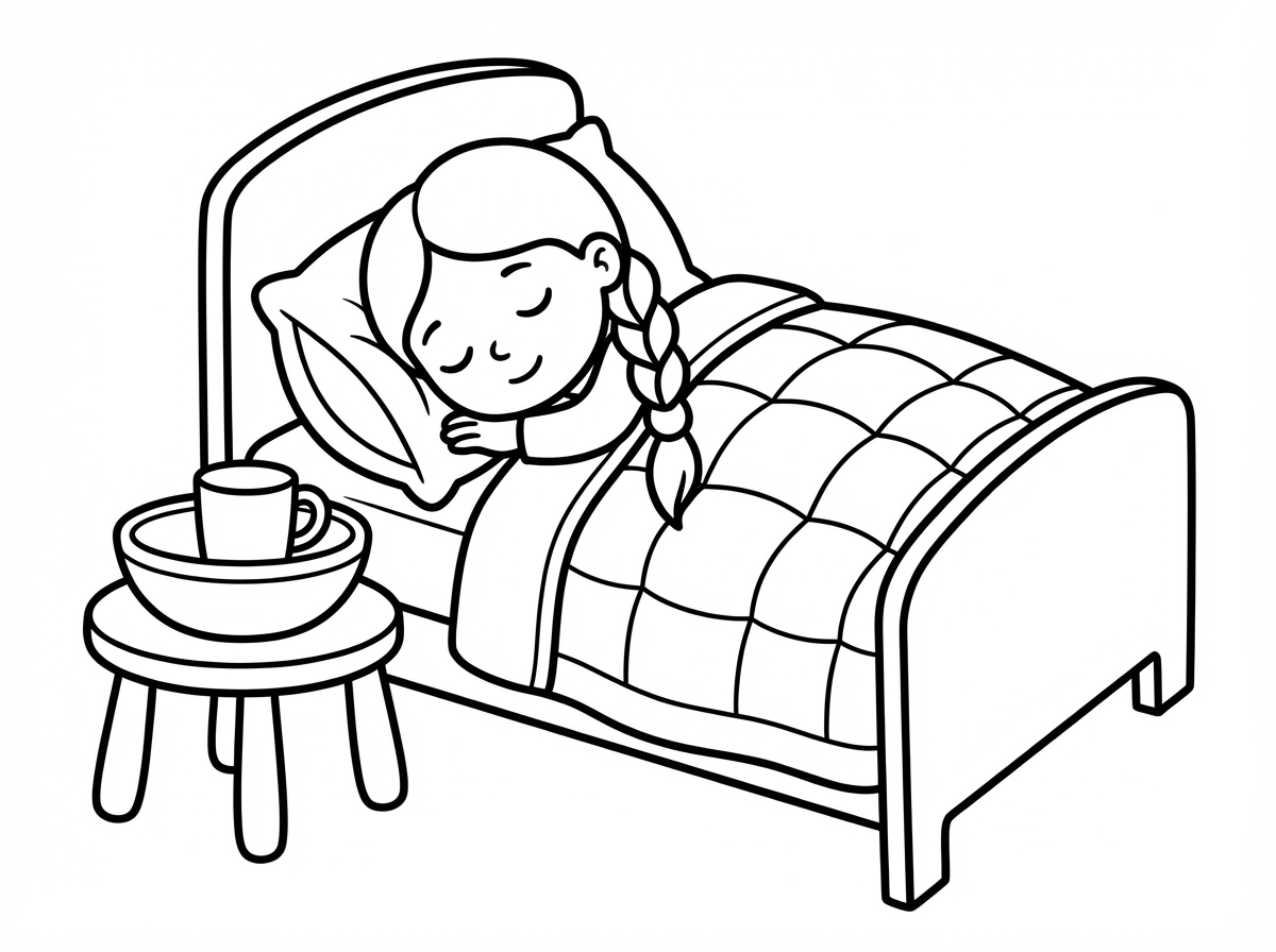 תצייר ילדה ישנה במיטה ולידה המיטה קערה ובתוך הקערה ספל לנטילת ידיים