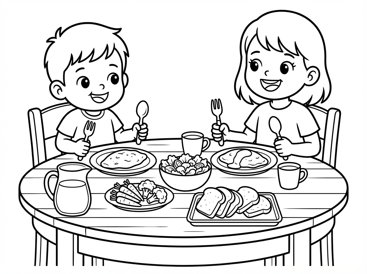 תיצור לי ציור של ילד בן 2 וילדה בת 6 יושבים ליד השולחן ואוכלים ארוחת בוקר. על השולחן יש קנקן מים, צלחת עם מגוון ירקות, קערה עם סלט, מגש עם לחם,  צלחות אישיות עם חביתות. ולכל ילד יש כוס