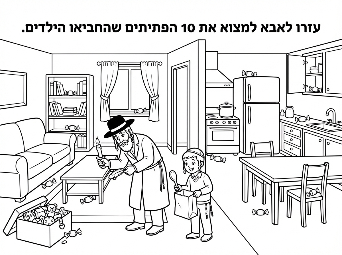 הי ,
אני רוצה דף משימה לילדי גן חובה שבו הם יצטרכו למצוא 10 פתיתי חמץ ( לחם עטוף בנייר)
בדף יהיה מצוייר סלון ומטבח ובו אבא חבדניק שמחזיק בידו נר שעווה ונוצה ועורך בדיקת חמץ
הבן עם כיפה וציצית מחזיק שקית נייר וכף עץ. בסמוך לאבא.
בראש הדף יהיה משימה:
עזרו לאבא למצוא את 10 הפתיתים שהחביאו הילדים.
10 הפתיתים יוחבאו במקומות שונים במטבח ובסלון