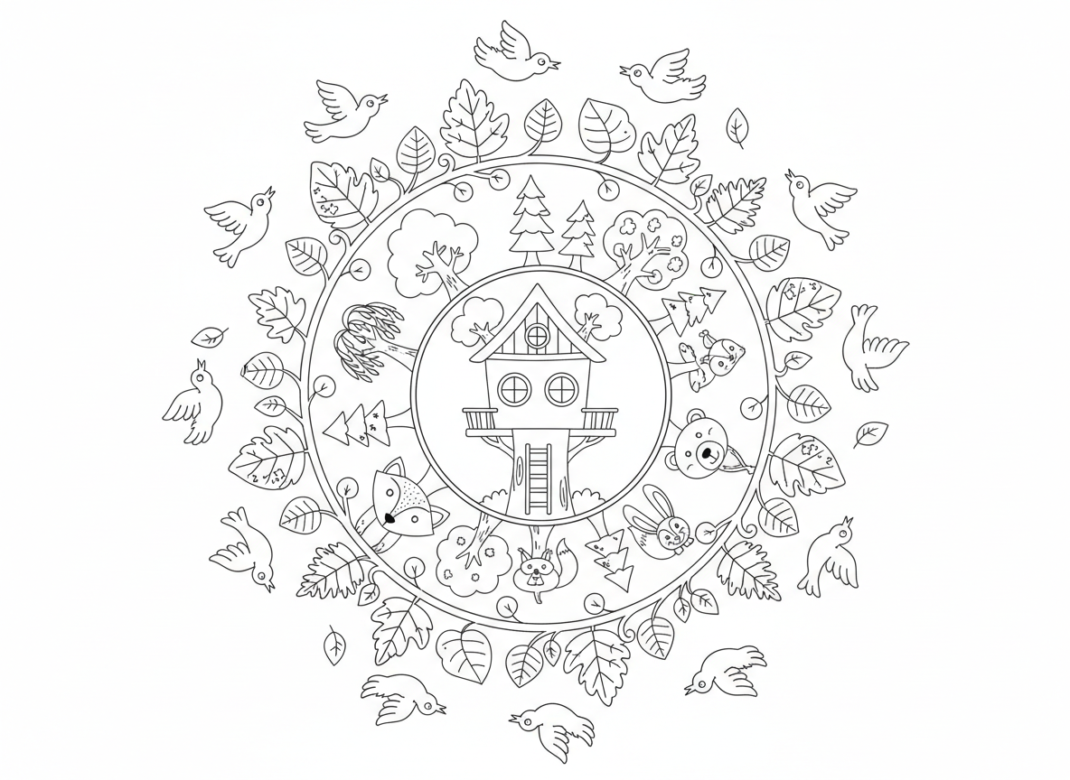 מנדלת בית עץ - מנדלת טבע עם בית עץ בעיגול המרכזי, מוקף בטבעת עצים שונים, אז טבעת חיות יער, אז טבעת עלים, ציפורים בטבעת חיצונית, גפנים מחברות שכבות