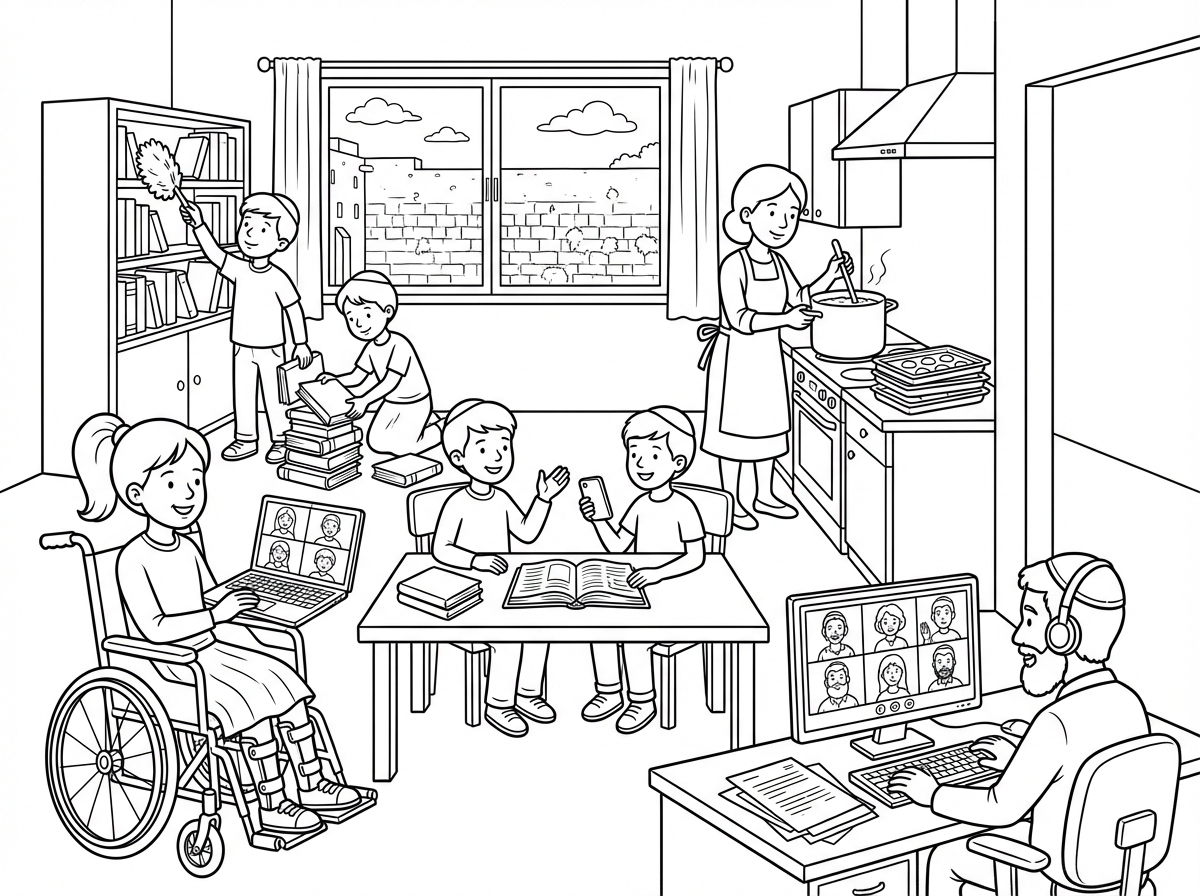 דף צביעה
בית מלא בילדים בימי המלחמה שכולם בבית8 ילדים
3 ילדים משחקים ומנקים את הספרים לפסח
ילדה אחת בגיל 10  על כסא גלגלים אם סדים ברגליים, וחצאית, שקועה בשיעור זום
. 2 ילדים לומדים עם ספר פתוח וטלפון באוזן.
האמא עסוקה במטבח בבישול בתבניות ענק.  האבא עם כיפה וזקן יושב *בחדר צדדי* על שולחן על כסא משרדי וערמת מסמכים ודפים על שולחנו, בזום וועדות עם 6 משתתפים בזום, מהחלון נצפה הכותל המערבי